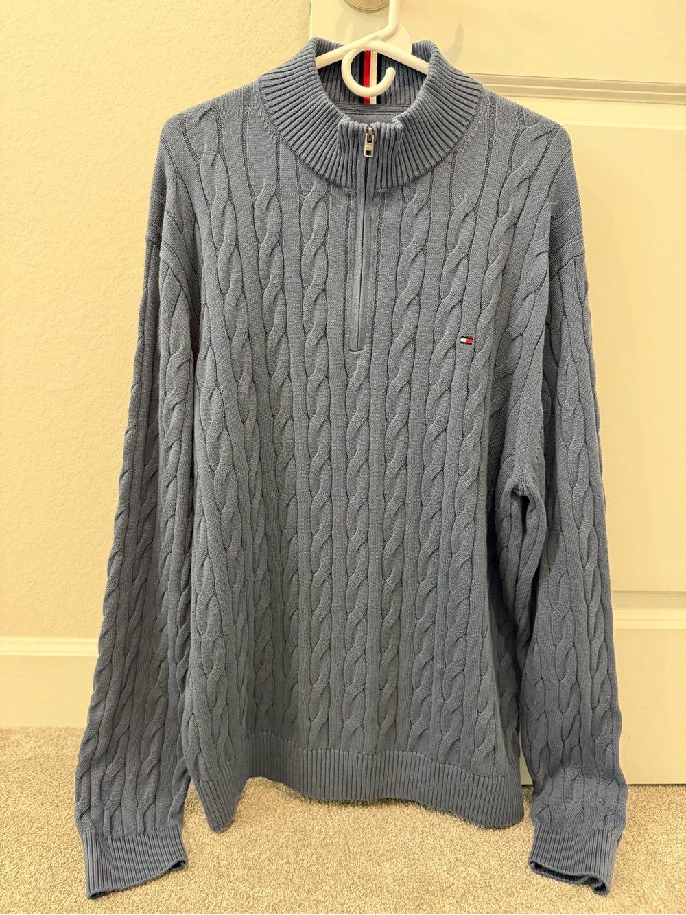 Tommy Hilfiger Men’s Light Blue Cable Knit Quarter Zip-Up Sweater
